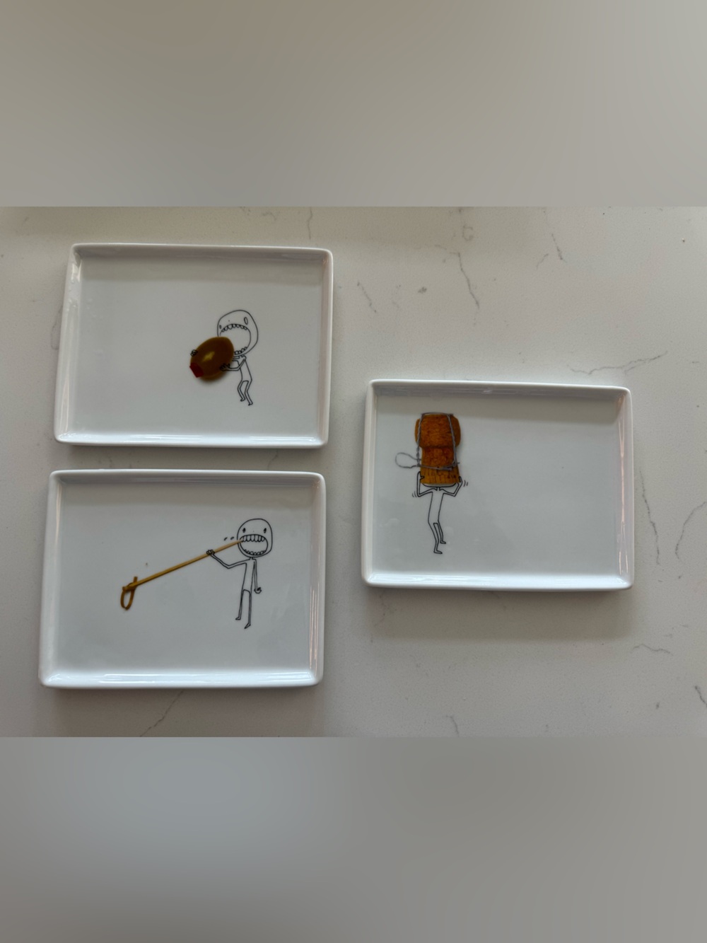 Set of 3 CB2 Oliver White Ceramic Cartoon Appetizer plates